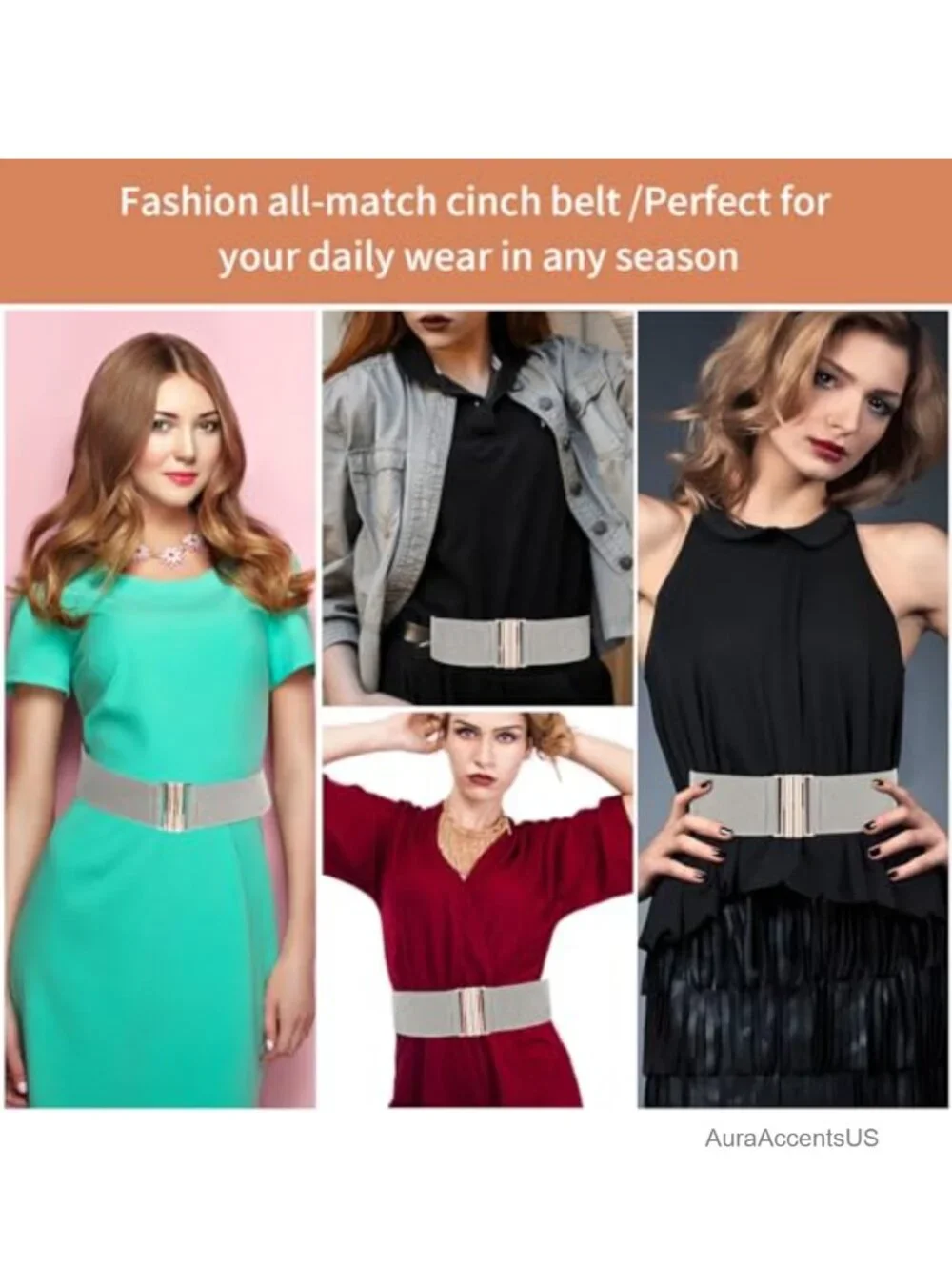 Vintage Elastic Waist Cinch Belt with Gold Buckle for Dresses